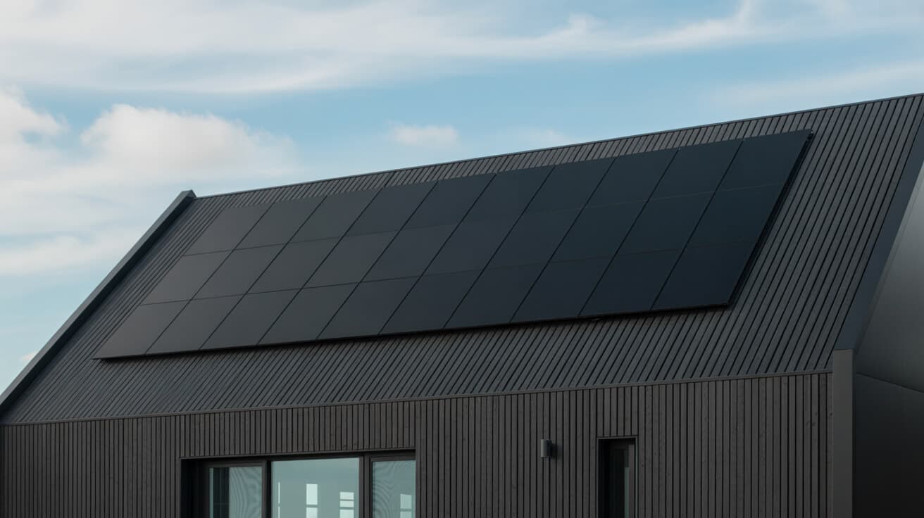 Panneaux solaires sur toit en bardage bois sombre, installation contemporaine ion-e