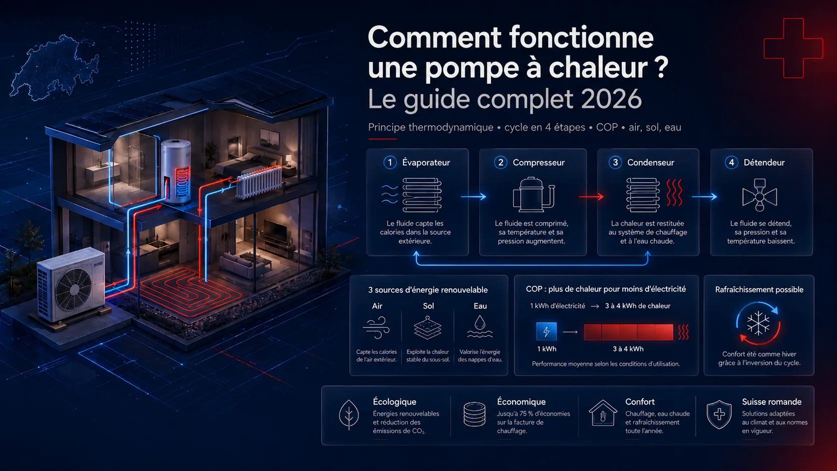 Infographie du cycle de fonctionnement d'une pompe à chaleur : évaporateur, compresseur, condenseur, détendeur, sources d'énergie et COP